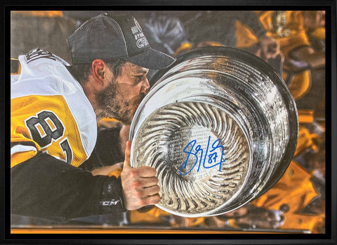 Crosby,S Signed 20x29 Canvas Framed Penguins Kissing Cup-H