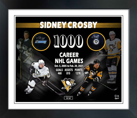 Crosby,S Signed Puck Framed 1000 Game Collage Double Signature LE of 87