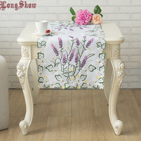 Luxury Purple Lavender Floral White Satin Cutwork Embroidered Table Runner