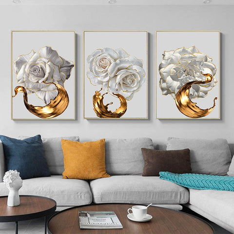 White Rose Flower Golden Ink Splash Abstract Canvas Painting