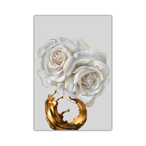 White Rose Flower Golden Ink Splash Abstract Canvas Painting