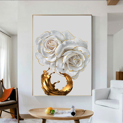 White Rose Flower Golden Ink Splash Abstract Canvas Painting
