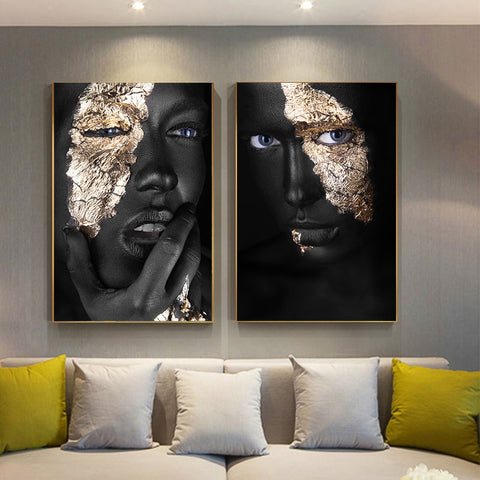 African Art Black and Gold Woman Oil Painting on Canvas