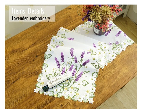 Luxury Purple Lavender Floral White Satin Cutwork Embroidered Table Runner